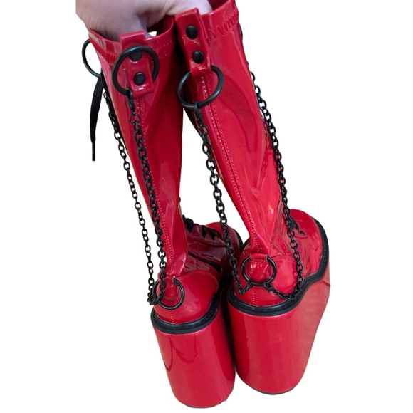 Demonia red faux leather lace-up platform boots with chain detailing and 7" heel - Picture 7 of 8